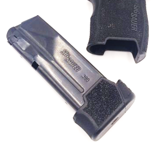 Sig Sauer P365 380 extended magazine with MTX 365 380 shown angled next to pistol