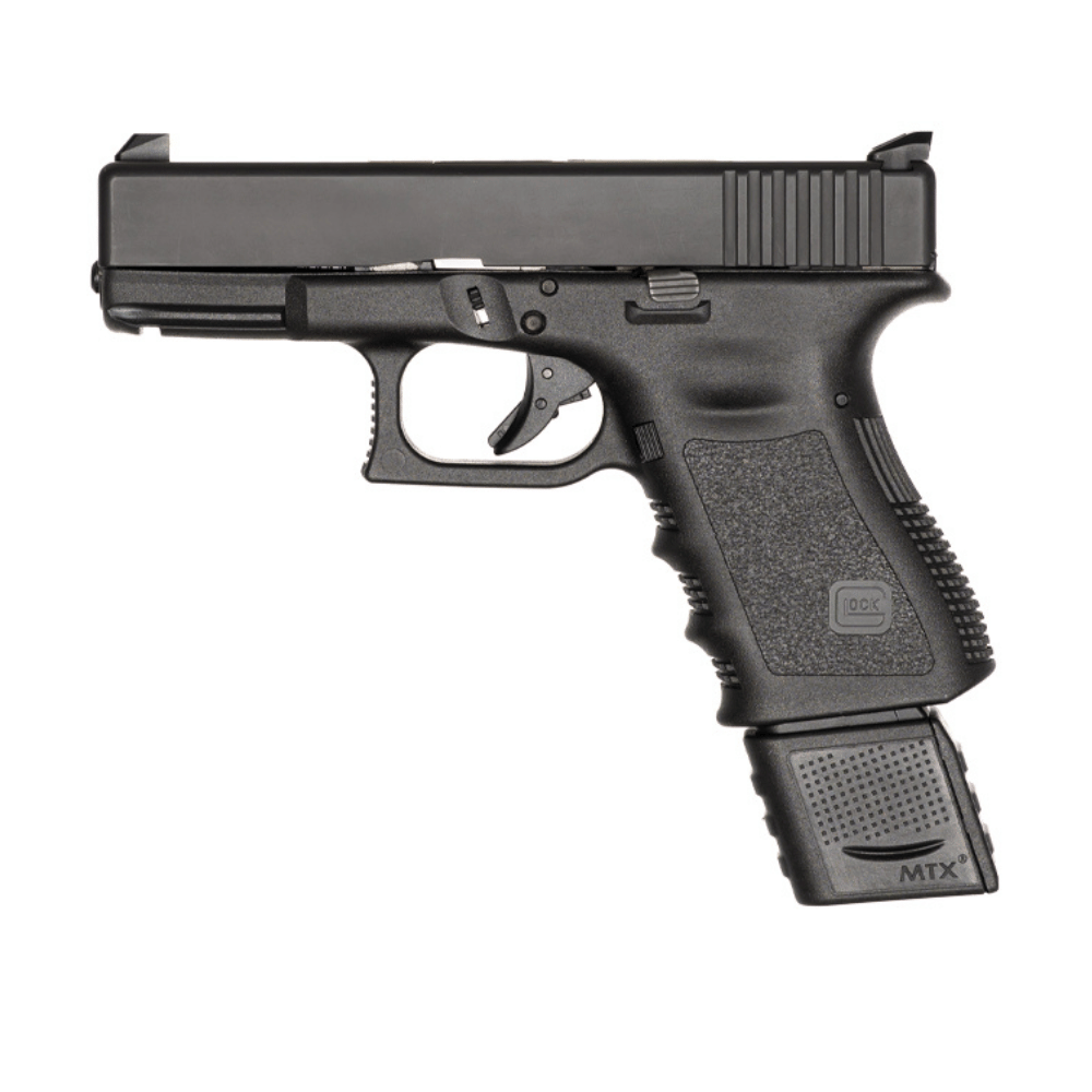 Extended Clip in Glock 19 shown in Glock 19 pistol facing left.