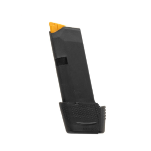 Glock 43 extended magazine in black with orange follower facing left