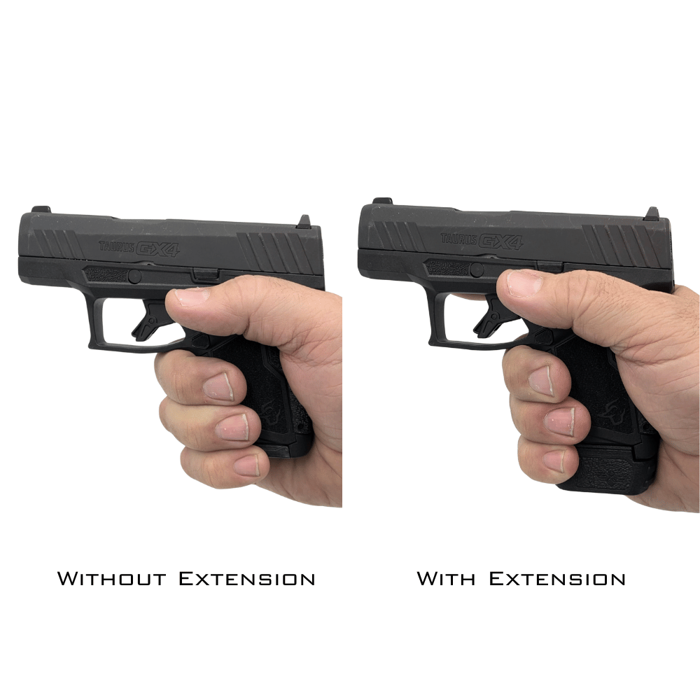 Images of Taurus Gx4 pistol in hand comparing with and without grip pinky extension for GX4