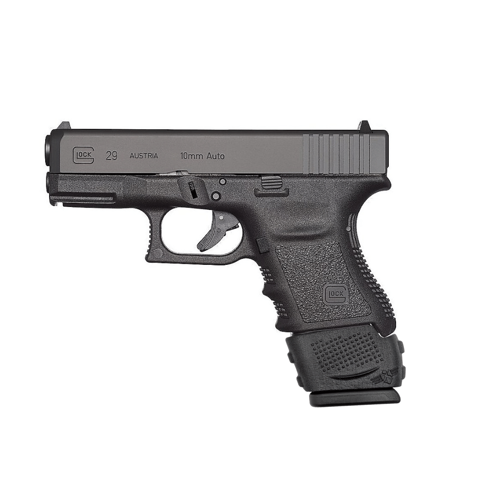 Magazine extender in Glock 29 in pistol facing to the left