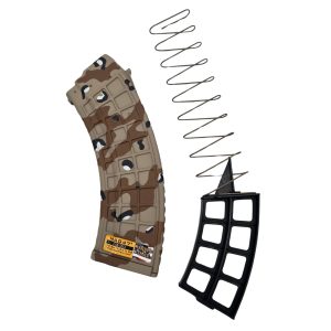 MAG47 Chocolate Chip Edition shown upright facing left with blocker and spring next to it