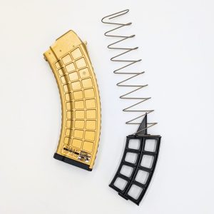 Gold AK47 10rd Magazine showing magazine and internal magazine blocker facing left