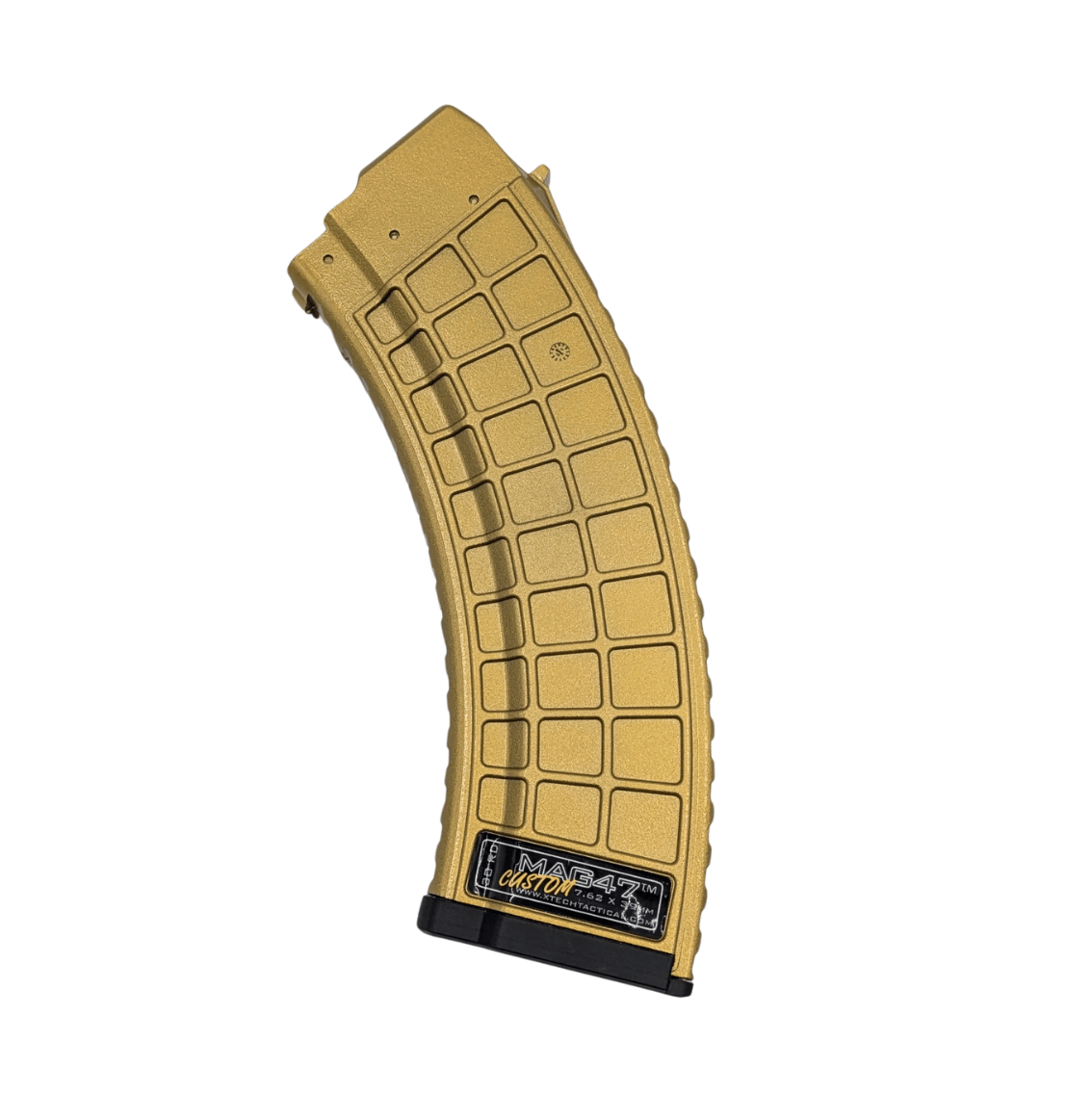 Gold AK clip for AK-47 shown upright facing left