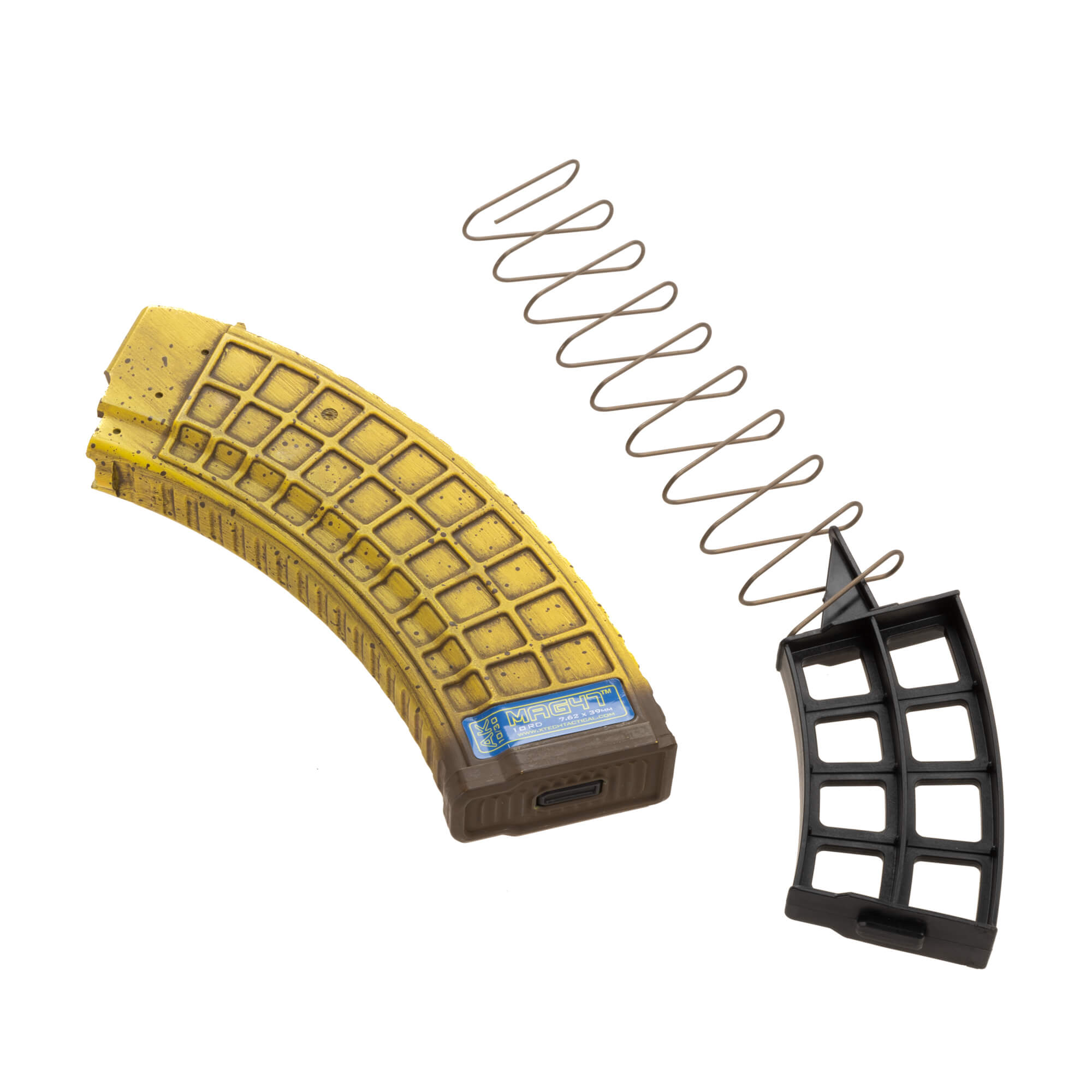 AK47 rotting banana magazine 10/30 upright facing left with spacer next to the magazine