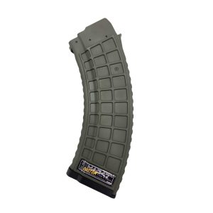 An OD green, curved 30-round AK47 mag with a textured grid pattern and a small black and yellow label at the bottom displaying the brand name XTech MAG47 Gen2.