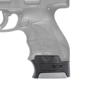 VP9 sk magazine sleeve shown in black installed on pistol. Gun is transparent
