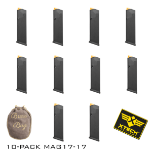 Ten pack of Glock 17 magazines with free swag items. Magazine in black