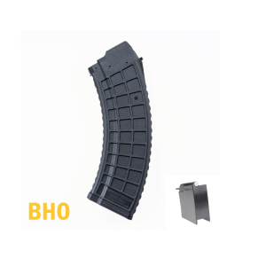 Black AK-47 mag with bolt hold open follower shown upright facing left