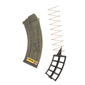 AK Spam Can magazine shown upright facing left with blocker for 10 rounds to right