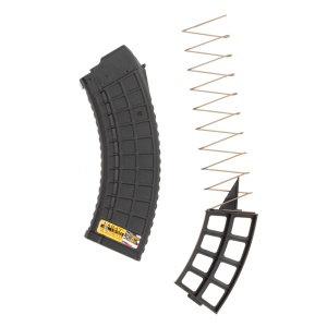 Mag47 mil 1030 gen2 black ak47 mag upright facing left with blocker and spring