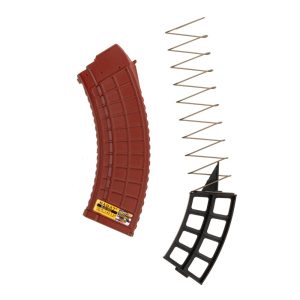 Red ak mag upright facing left with blocker next to it on the right
