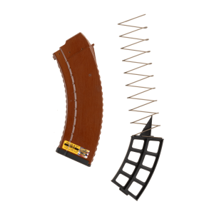 AK-47 MAG47 magazine in bakelite color upright facing left with magazine blocker shown next to the magazine