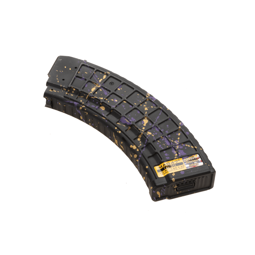 Splatter style AK47 magazine upright facing left.